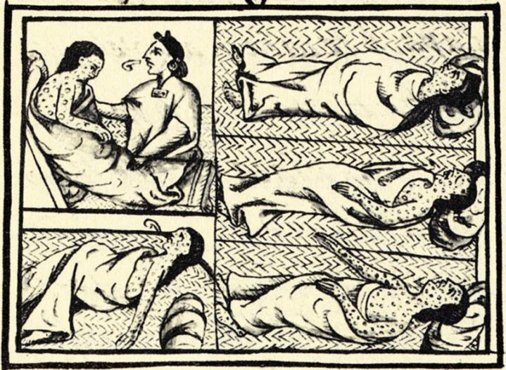 16 世紀《佛羅倫斯法典》第十二冊中的插圖，顯示墨西哥中部納瓦族罹患天花的情景。