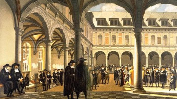 1609 年，荷蘭在阿姆斯特丹成立了世界第一所股票交易市場。畫中描繪來自歐洲各國的投資者，正熱烈地進行「荷蘭東倫勃朗（Rembrandt Van Riji, 1606 - 1669 港台地區譯印度公司」的股權買賣。