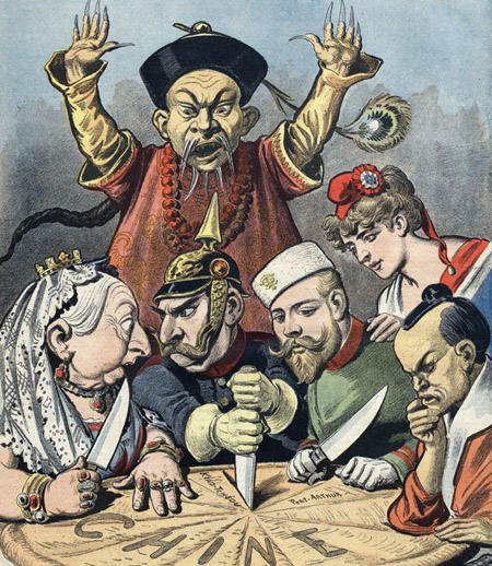 17 世紀的政治漫畫：維多利亞女皇與列強瓜分清朝中國。